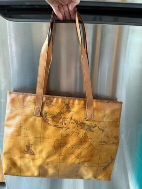 Alviero Martini Yellow Map-Print Tote with Brown Leather Straps